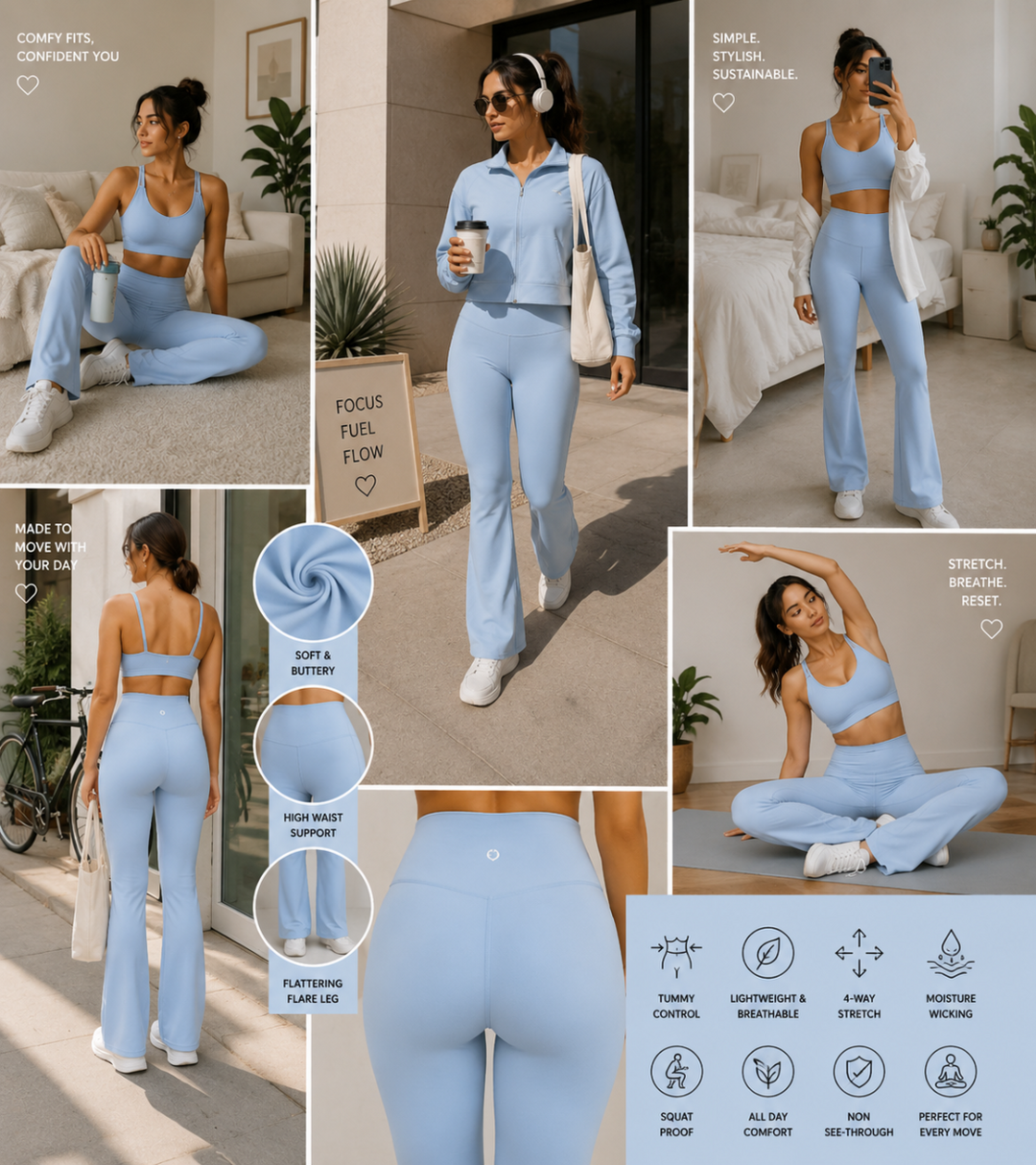 Woman wearing a light blue athletic outfit in various settings with product details.
