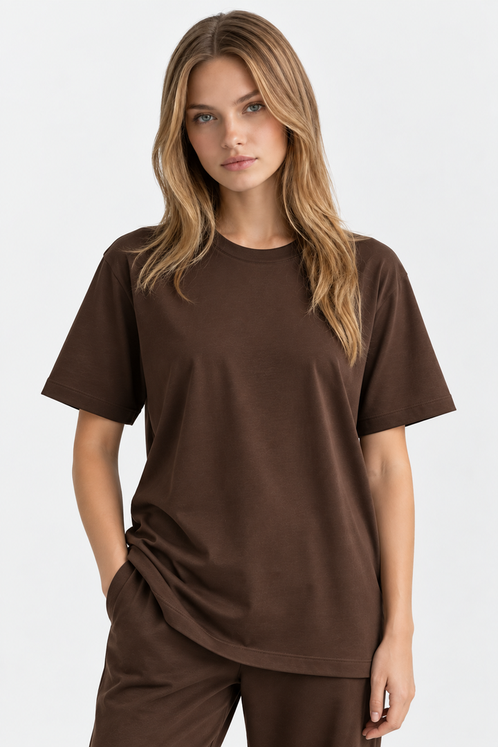 Dark Brown 100% cotton women tee front 