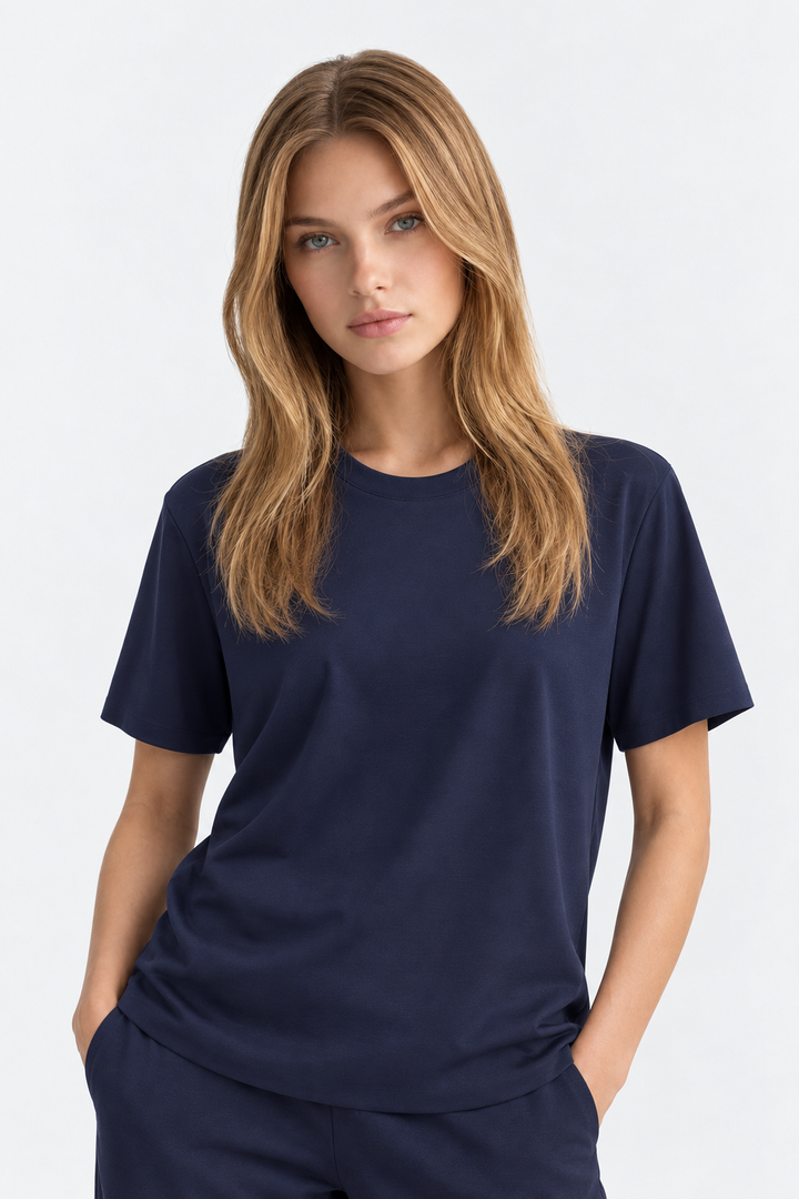 Navy Performance silk women tee front 