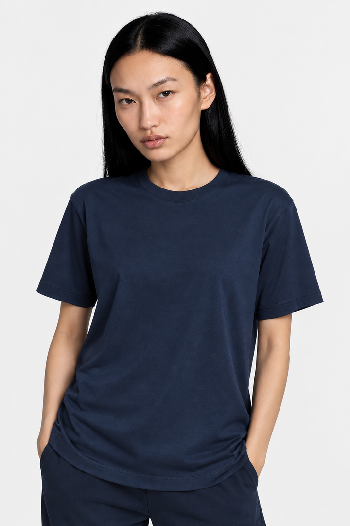 Navy1 100% cotton women tee front 