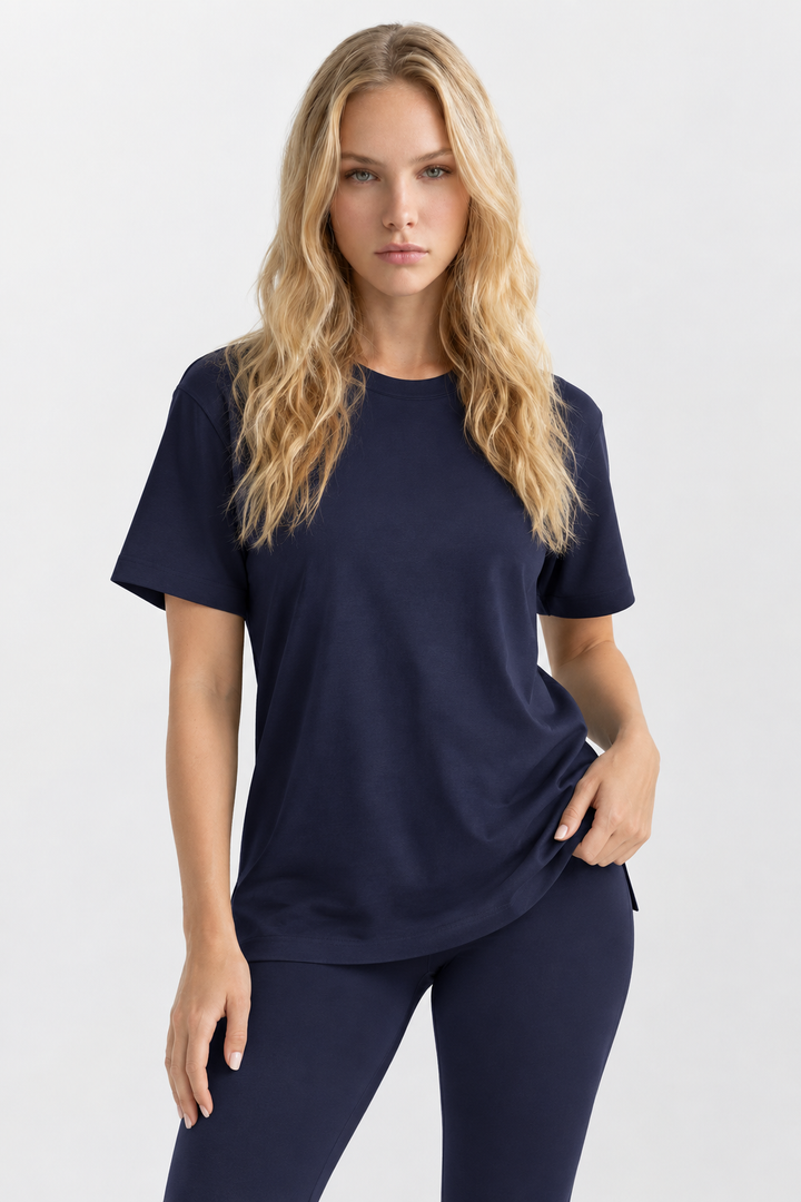 Navy Performance silk women tee front 