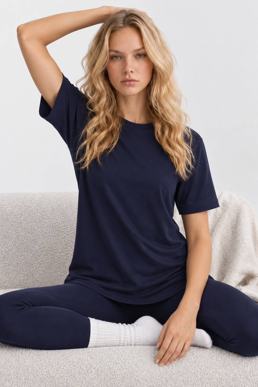 Navy Performance silk women tee front 