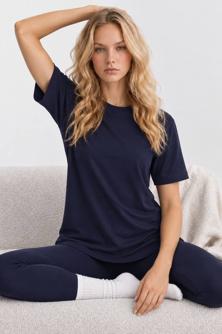 Navy Performance silk women tee front 