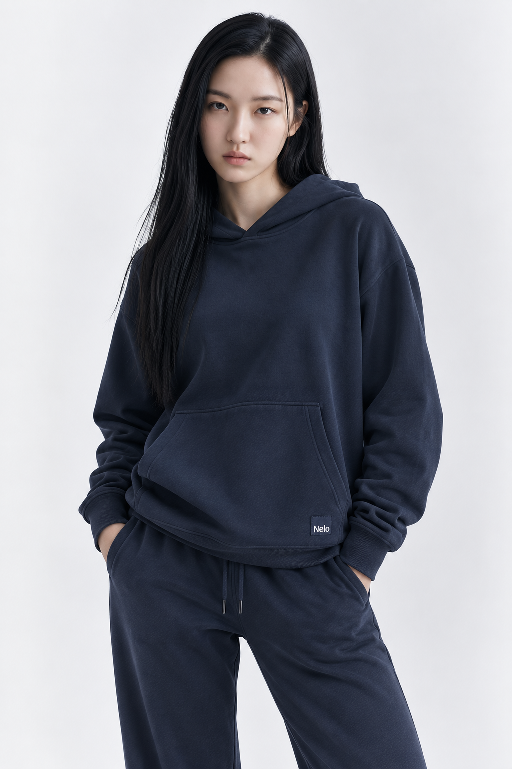 Navy signature cotton hoodie front 