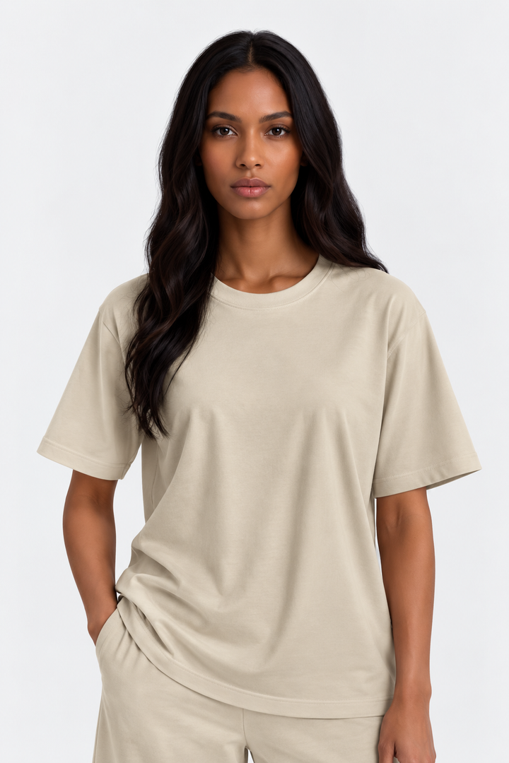 Sand 100% cotton women tee front 