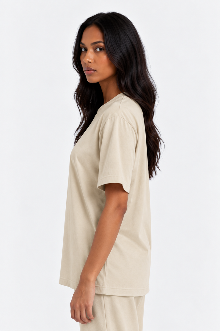 Sand 100% cotton women tee front 
