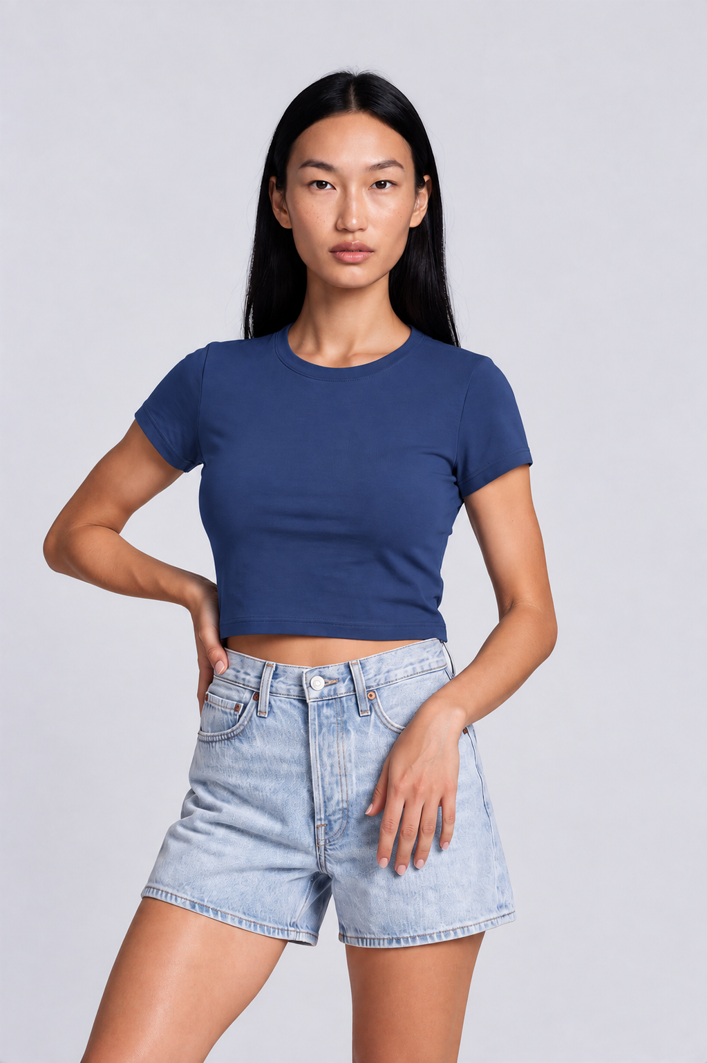 Steel blue women crop tee front 
